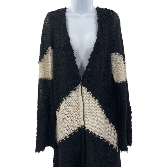 Free People Cardigan Sweater Jacket Coat Mohair Wool Knit Long Duster Black Tan - Picture 3 of 7
